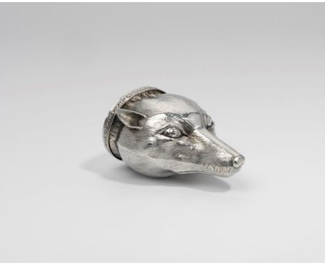 A WILLIAM IV SILVER SNUFF BOX in the form of a fox mask with textured fur, the hinged oval cover with engine-turning, a vacan