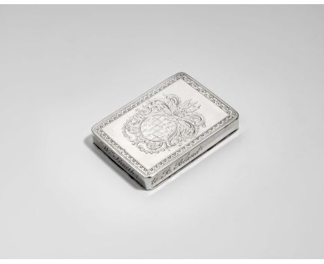 A GEORGE I RECTANGULAR SILVER SNUFF BOX shallow with rounded corners and engraved still leaf borders, and a concealed hinge, 