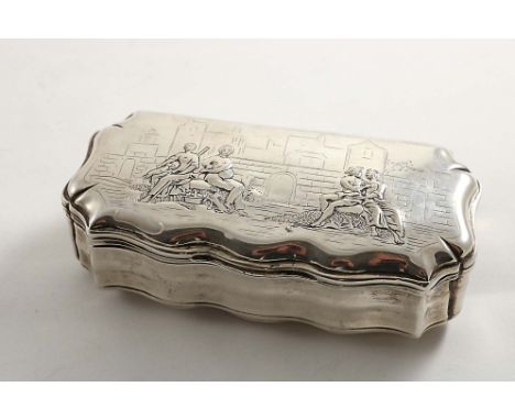 A 19TH CENTURY DUTCH TOBACCO BOX of shaped rectangular outline in the 18th century manner with architectural engraving and fi