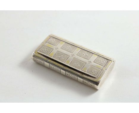 A GEORGE III ENGRAVED SNUFF BOX with a regular pattern of diaper-work squares all over, traces of gilding, gilt interior, by 