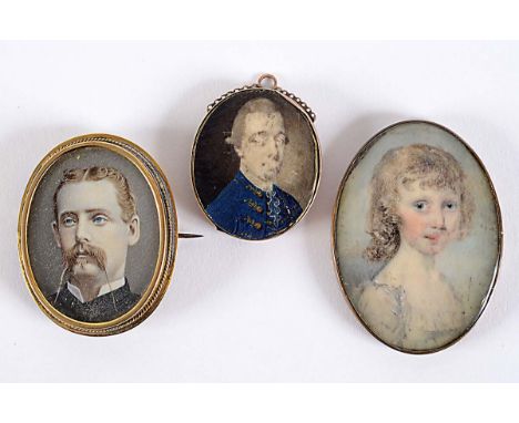 TWO 18TH CENTURY MINIATURES one in gold bracelet frame and a Victorian portrait of a gentleman (possibly on photographic base