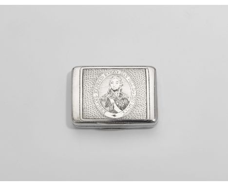 ADMIRAL LORD NELSON:- A George III silver commemorative vinaigrette, rectangular with pricked borders and the portrait of Nel