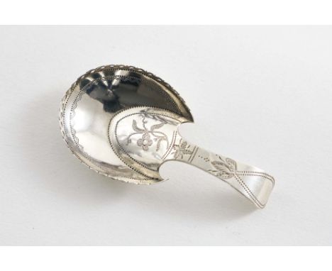 A GEORGE III "PASTERN HOOF" CADDY SPOON with a galleried bowl and "pricked" engraving, by Cocks &amp; Bettridge, Birmingham 1