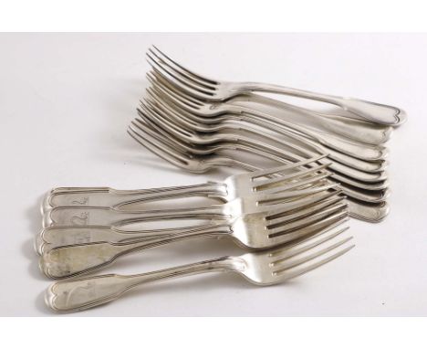 FIDDLE &amp; THREAD PATTERN:- A set of seven George III table forks, crested, by George Smith, London c.1780 (maker's mark &a