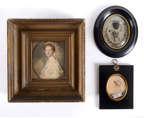 ENGLISH SCHOOL 19TH CENTURY A miniature portait of a lady wearing ribboned cap, half length. ink and watercolour, inscription