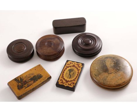 A MAUCHLINE-WARE RECTANGULAR SNUFF BOX with a huntsman on the cover, a circular example with a printed portrait, a card case 