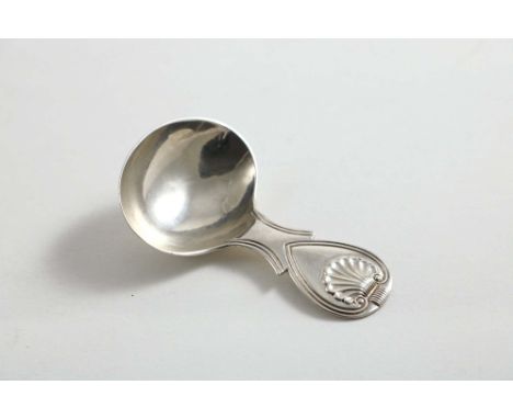 A GEORGE IV CADDY SPOON with a shell &amp; heart terminal and thread borders, by Joseph Wilmore, Birmingham 1822; 3"  (7.6 cm