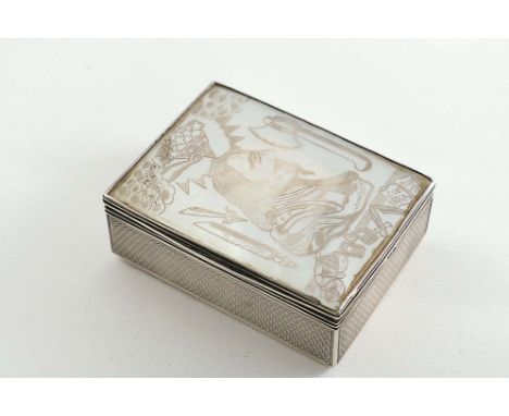 A WILLIAM IV SILVER SNUFF BOX rectangular with engine-turned decoration, the cover inset with a mother of pearl panel, engrav