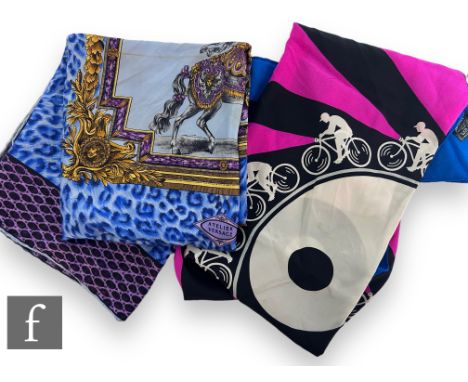 A 1990s Atelier Versace silk scarf, decorated with a central ornate cartouche depicting a figure on horseback in elaborate pu