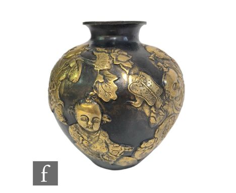 A Japanese Meiji period (1868-1912) ovoid form bronze vase, decorated with a series of relief moulded and polished 'children 