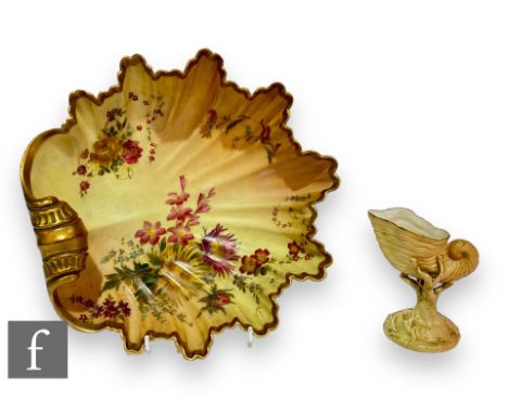 A large late 19th Century Royal Worcester table central bowl of shell form, shape 1274, transfer printed and painted with wil