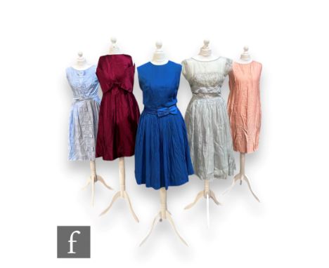 Five 1950s/60s assorted lady's vintage dresses comprising a Blanes London royal blue sleeveless midi dress with bow detail be