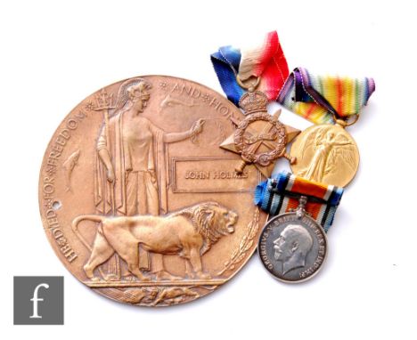 A World War One medal trio and Death Plaque to 15757 Pte John Holmes King's Shropshire Light Infantry. 