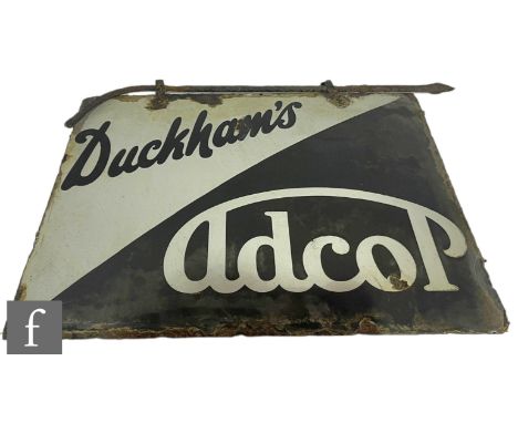 An early 20th Century Duckham's Adcol enamel advertising sign with iron fixing bar, 46cm x 61cm. 