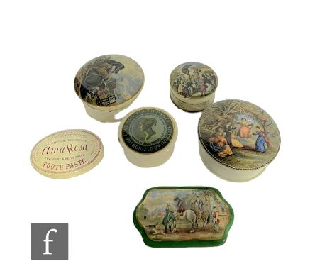 A 19th Century Prattware coloured potlid titled 'war', another 'the swing', a coloured bear's grease lid, a John Gosnell lid,
