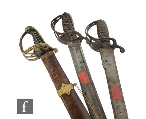 A pair of officer's sabres, pierced baskets, wire grip handles, 74cm blades, and a similar sword with pierced brass basket an