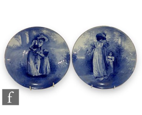 A pair of early 20th Century Royal Doulton dish form plates from the Blue Children series, each printed and painted with a la