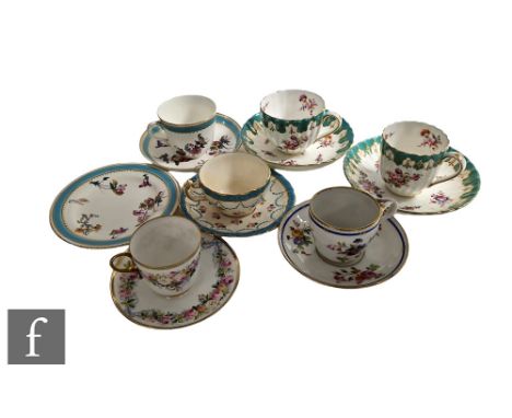 A collection of 19th Century and later china teacups and saucers hand enamel decorated with floral and botanical studies with