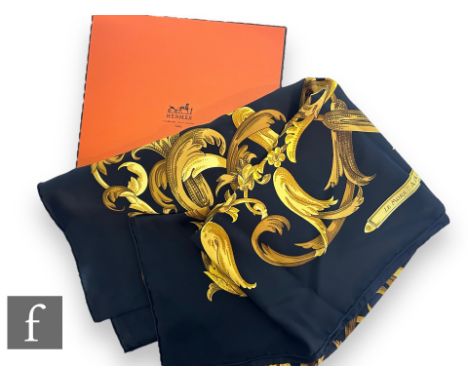 A Hermes Le Mors A La Conetable silk scarf, designed in 1970 by Henri d'Origny, decorated with a repeated scroll and floral p