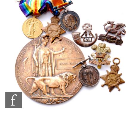 A World War One medal trio and Death Plaque to 2468 Pte Frank Davies, Hereford Reg with a First World War pair to 16301 Pte T