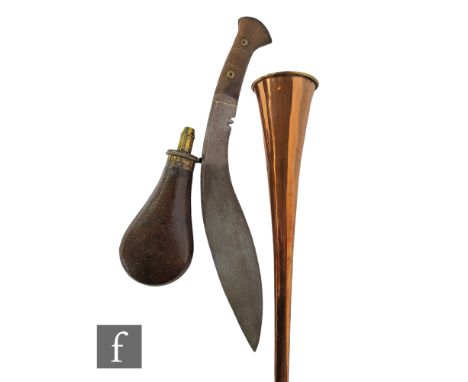 A 20th Century copper hunting horn, length 98cm, a Kukri 33cm blade, no scabbard and a leather powder flask. (3) 