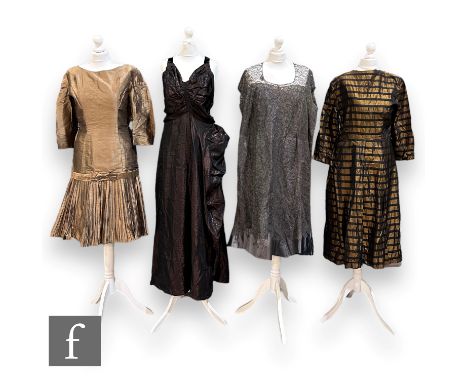 Four early to mid 20th Century lady's vintage dresses comprising of a bronze dress with three quarter sleeves, drop waist wit