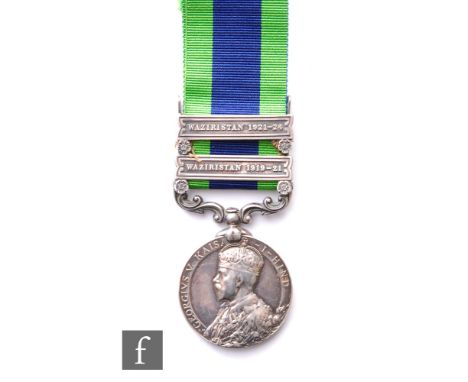 An Indian General Service medal with Waziristan 1921-24 and 1919-21 bars to 4180594 Pte C.B. Powell Royal Worcester Fusiliers