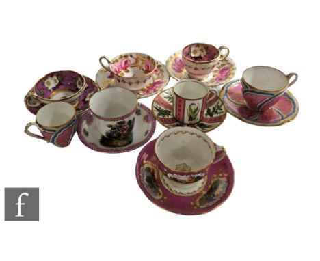 A collection of 19th Century china tea cups and saucers to include examples decorated with floral and botanical studies, scen