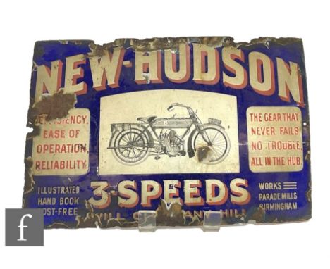 An early 20th Century single sided enamel advertising sign for 'New-Hudson 3-Speeds' motorcycles, Parade Mills, Birmingham, h