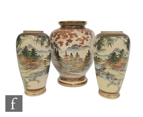A group of Japanese satsuma vases, to include a facetted vase and two ovoid form vases, all decorated with mountainous landsc
