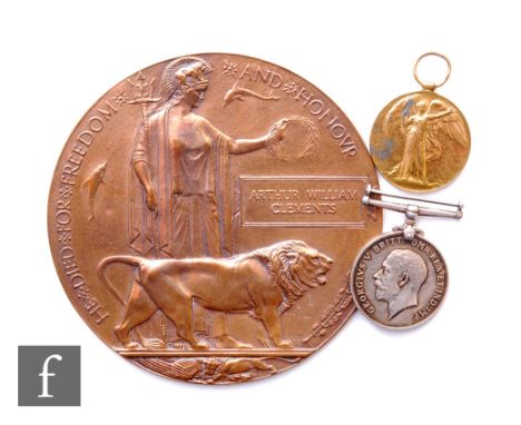 A World War One pair of medals awarded to 41771 pte A.W. Clements Hants Regt with death plaque and Army Form B.104-82 stating