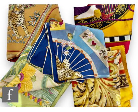 A 1980s Salvatore Ferragamo silk scarf, decorated with a central stylised elephant draped with ornate robes, surrounded by st