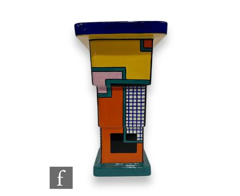 A boxed Wedgwood Clarice Cliff hand painted shape 369 vase, decorated in the Football pattern, printed marks, boxed, height 2