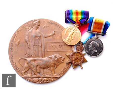 A World War One medal trio and Death Plaque to 15772 Pte John Henry Smith King's Shropshire Light Infantry. 