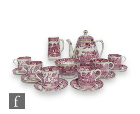 An early 20th Century Copeland Spode part service comprising teapot, milk and sugar, six coffee cans and saucers, all transfe