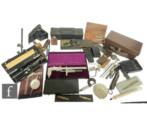 A 1930s Vernier scale, cased, various cased gauges, instruments and a light master metal, in brown leather case. (qty) 