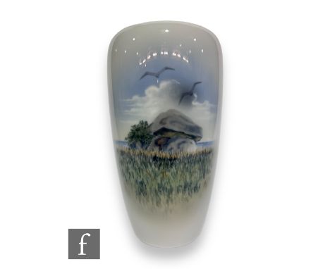 A 20th Century Royal Copenhagen vase, shape 1048, of tapered ovoid form with roll rim, panel decorated with a scene of rocks 