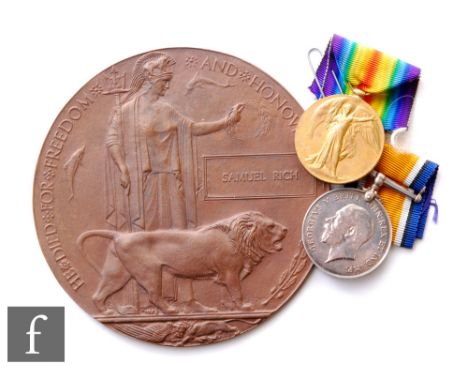 A World War One medal pair and Death Plaque to 12685 Sjt Samuel Rich Shropshire Light Infantry. 