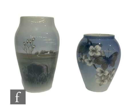 A 20th Century Royal Copenhagen Porcelain vase, shape 2037, of shouldered sleeve form with an everted collar neck, panel deco