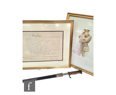 A World War One bayonet and scabbard, a framed discharge manuscript presented to Gerald Ensley Moore and a print 'God have yo