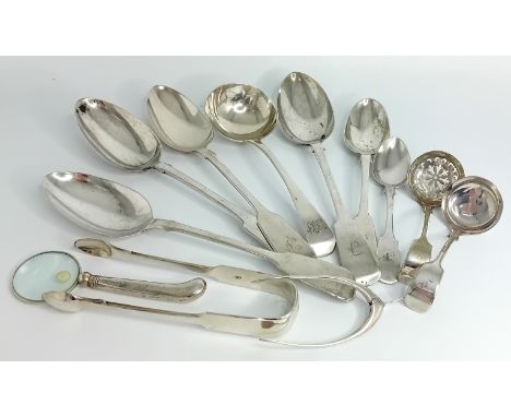 A quantity of Victorian silver flatware, to include four serving spoons, a dessert spoon teaspoon, and pair of sugar tongs, v