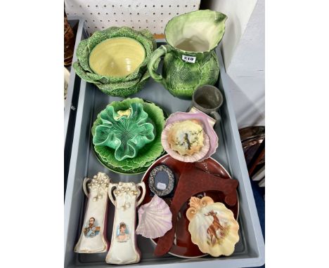 Vietri cabbage leaf jug together with various other pottery, including Loucas cabbage bowl, porcelain dishes including Worces
