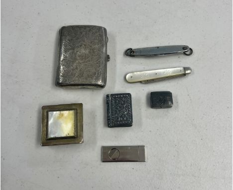 An Edward VII silver cigarette case, Birmingham, circa 1909-10, maker H J Cooper &amp; Co Ltd together with two pen knives, s
