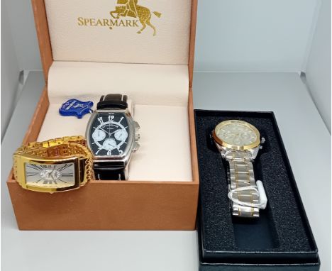 Three gents watches including Spear mark classic wristwatch chronograph, Balmain Swiss gold effect wristwatch and Kronen &amp