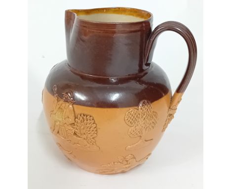 A late 19th century Doulton Lambeth Stoneware jug, with hunting relief figures, height 15.5cm.Sold on behalf of the Samaritan