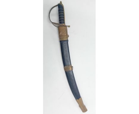 A 19th century near Eastern short sword and scabbard, leather grip wrapped with copper wire, the slightly curved blade decora
