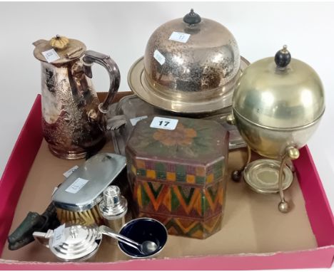 A quantity of silver plate, to include mustard pots, a coffee jug, dish, brushes, etc, with a painted wood tea caddy and Nest