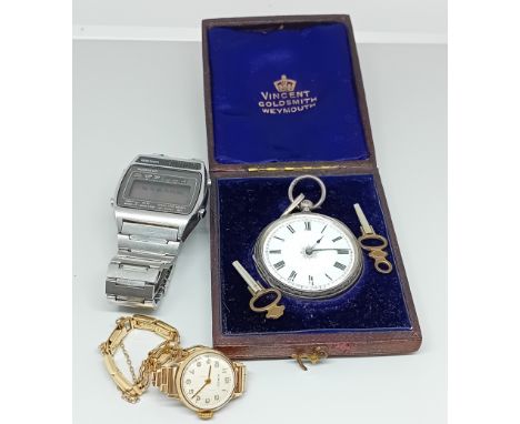 A ladies silver pocket watch with foliate engraved design, together with a rolled gold bracelet watch, and a digital Seiko wa