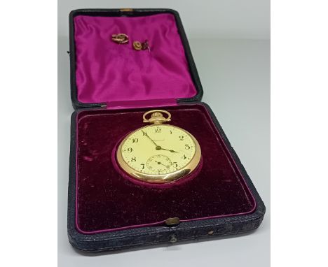 A Howard 14k pocket watch, monogrammed to the reverse, with arabic enamel dial (cracked), under glass (yellowed), in a fitted