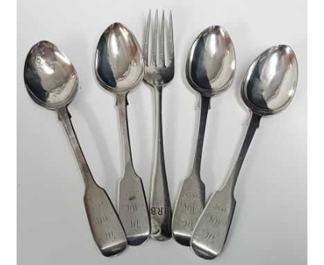 Four Victorian silver teaspoons, hallmarked Exeter 1862 (one misshapen), together with a small silver fork, hallmarked Cheste